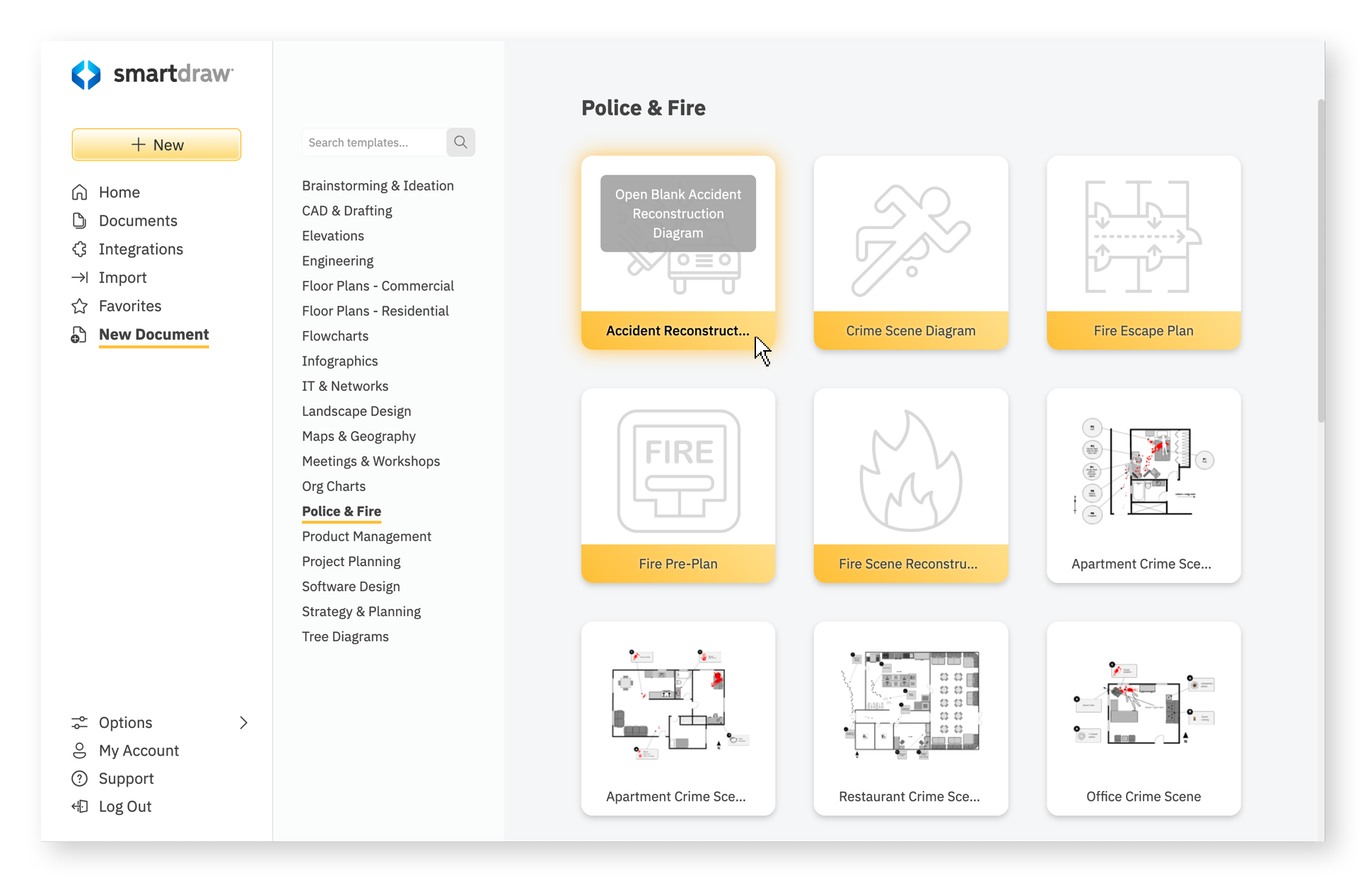 SmartDraw dashboard accident reconstruction templates