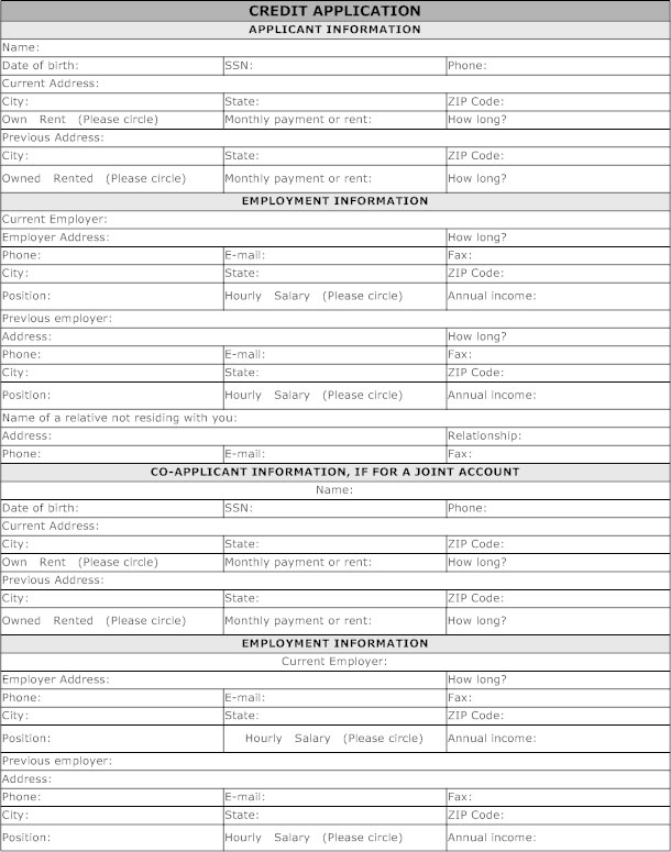 credit application form for customers