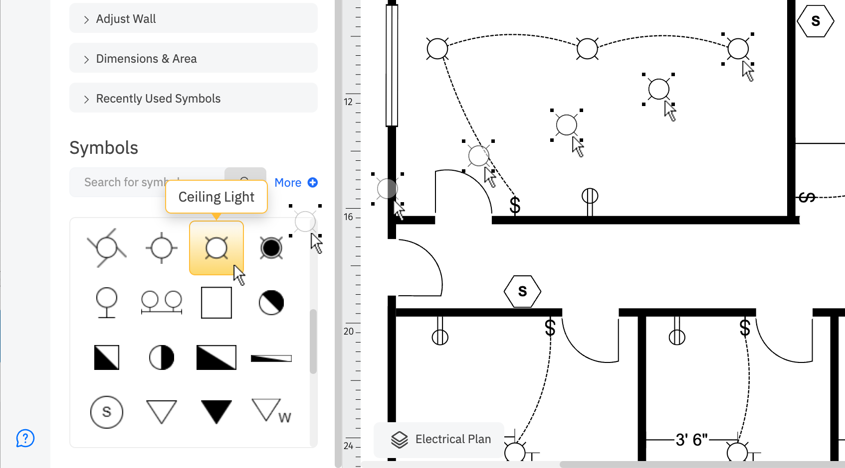 Dragging electrical symbols into work area