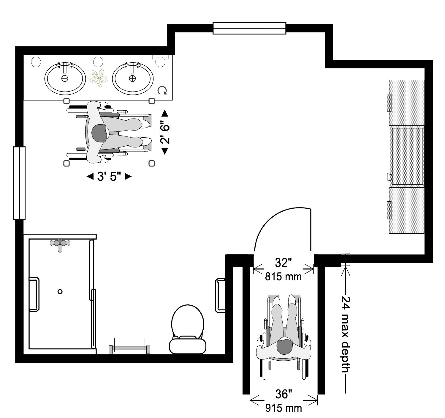 Bathroom floor plan accommodating for disabled individual