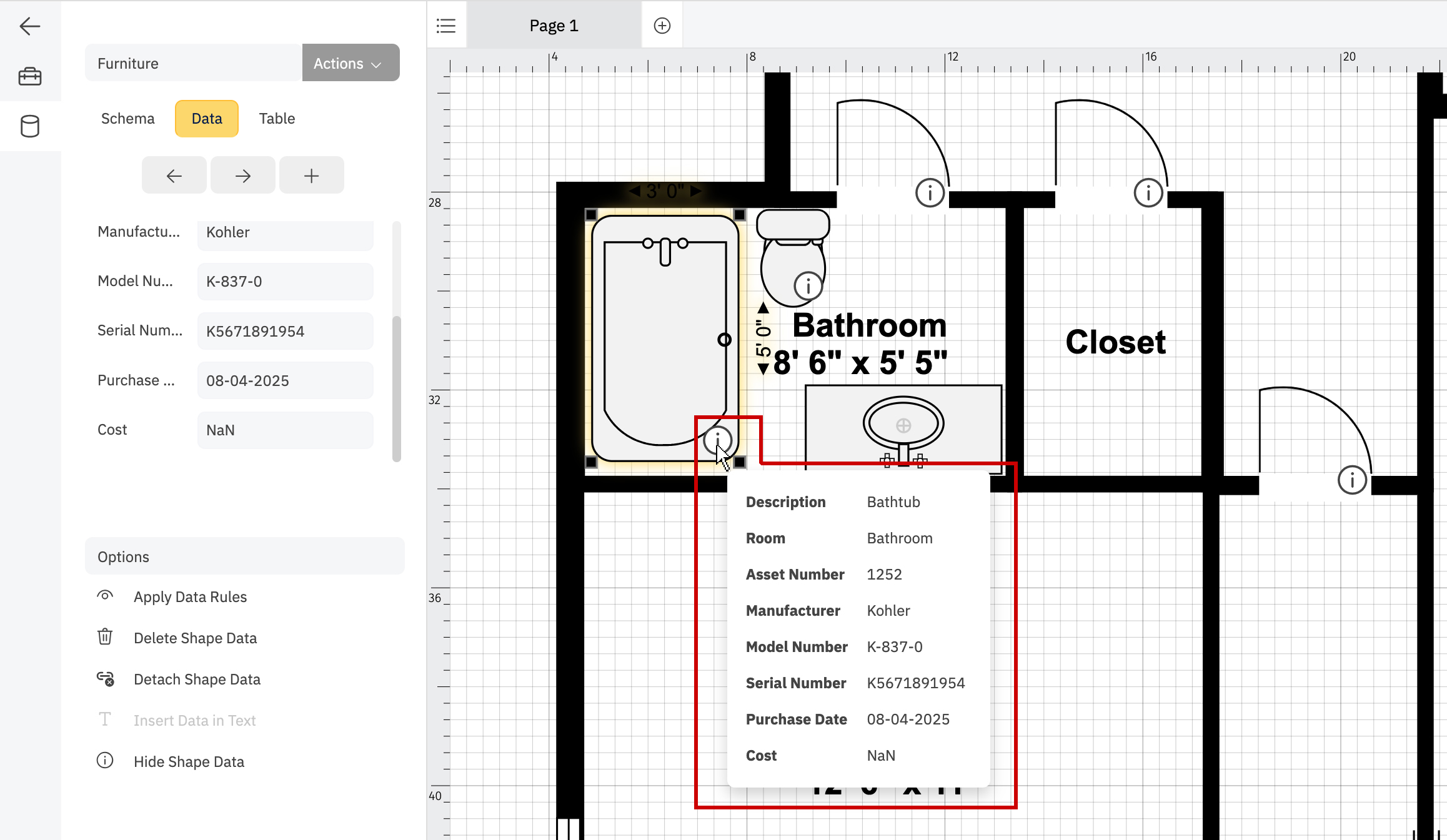 Shape data on bathtub symbol