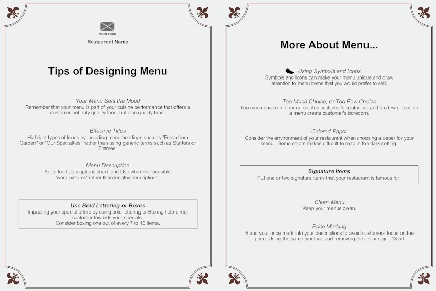 restaurant menu example