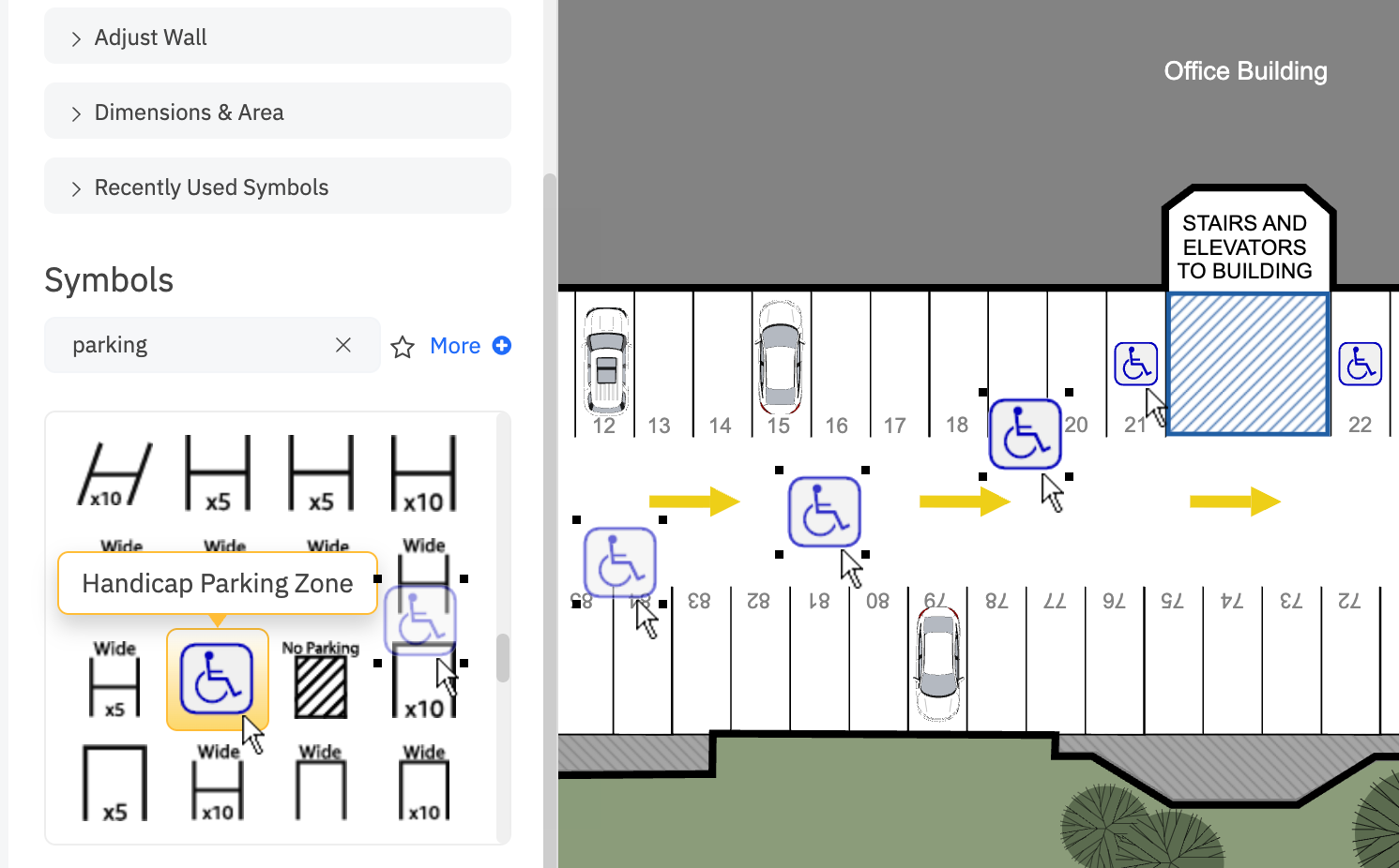Drag and drop parking symbols into work area