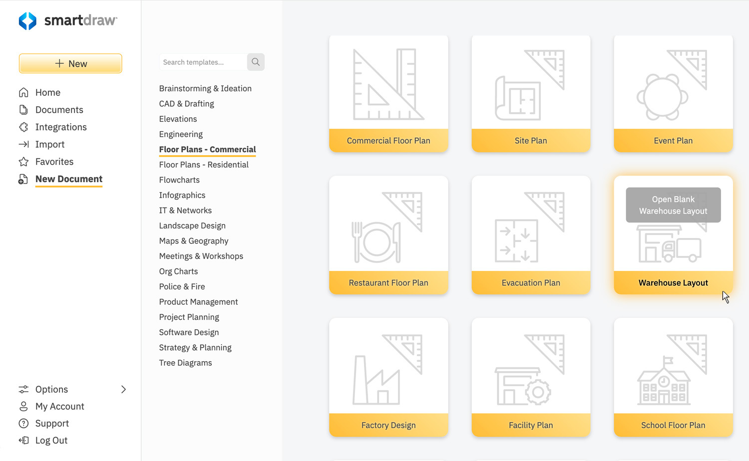 Warehouse template in SmartDraw's dashboard